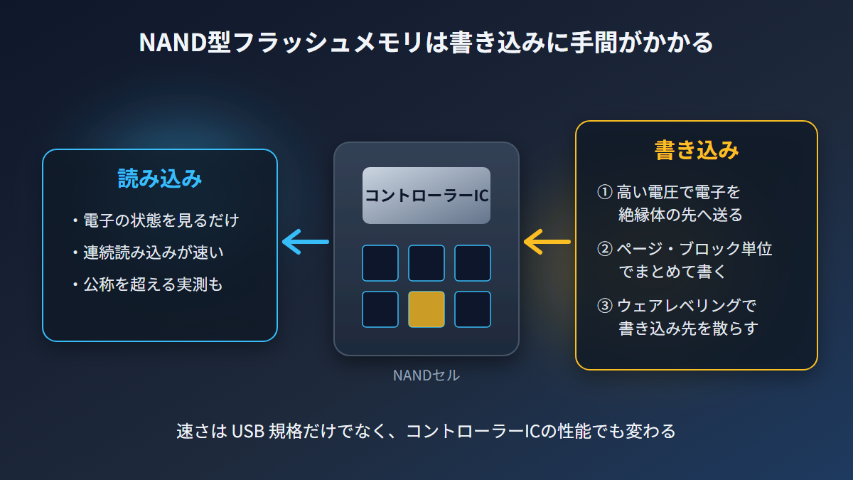 NAND型フラッシュメモリで書き込みが読み込みより遅くなる仕組みの図解